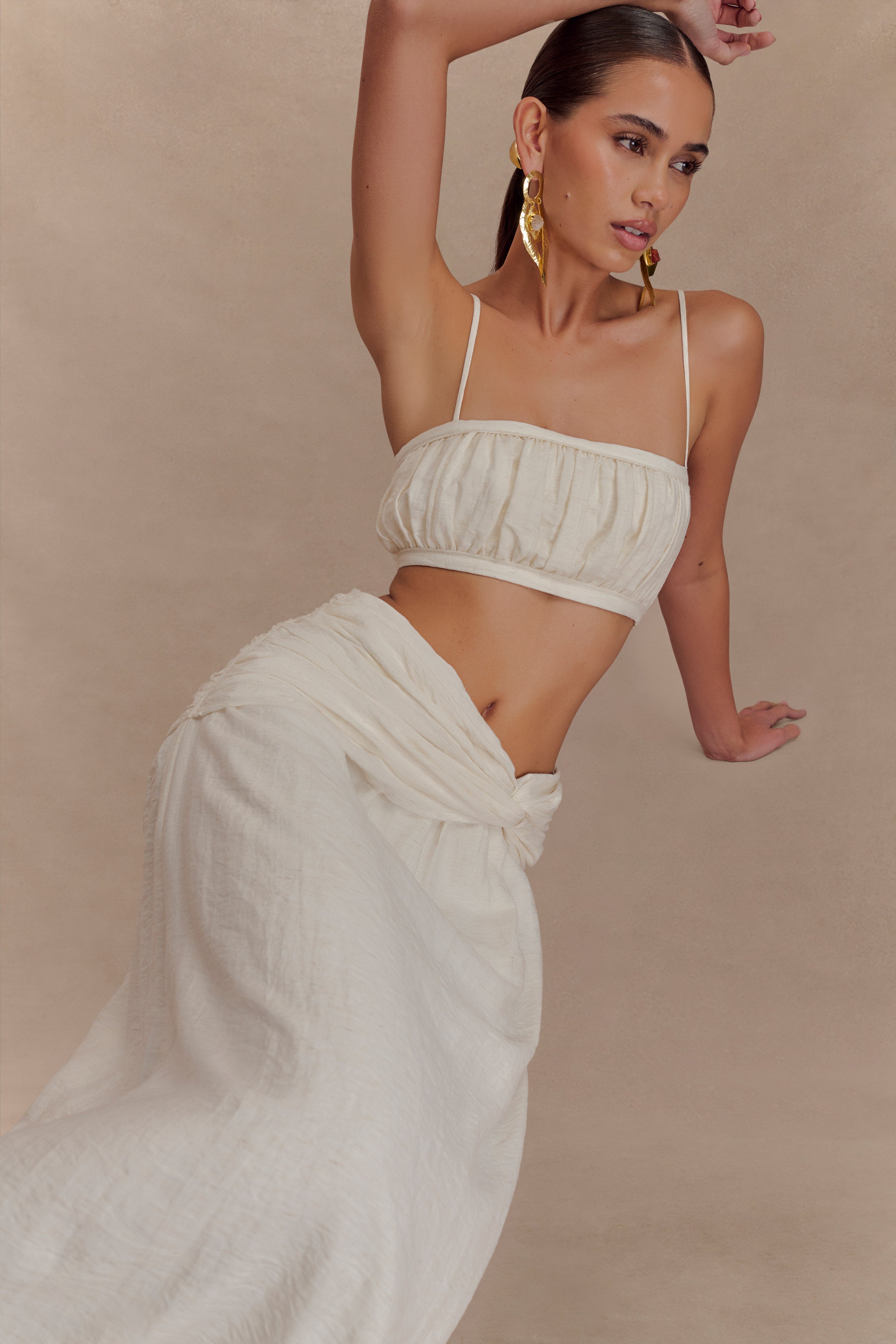 Scottie Gathered Linen Knot Maxi Skirt - Oat Marle、mySite、solidvoid