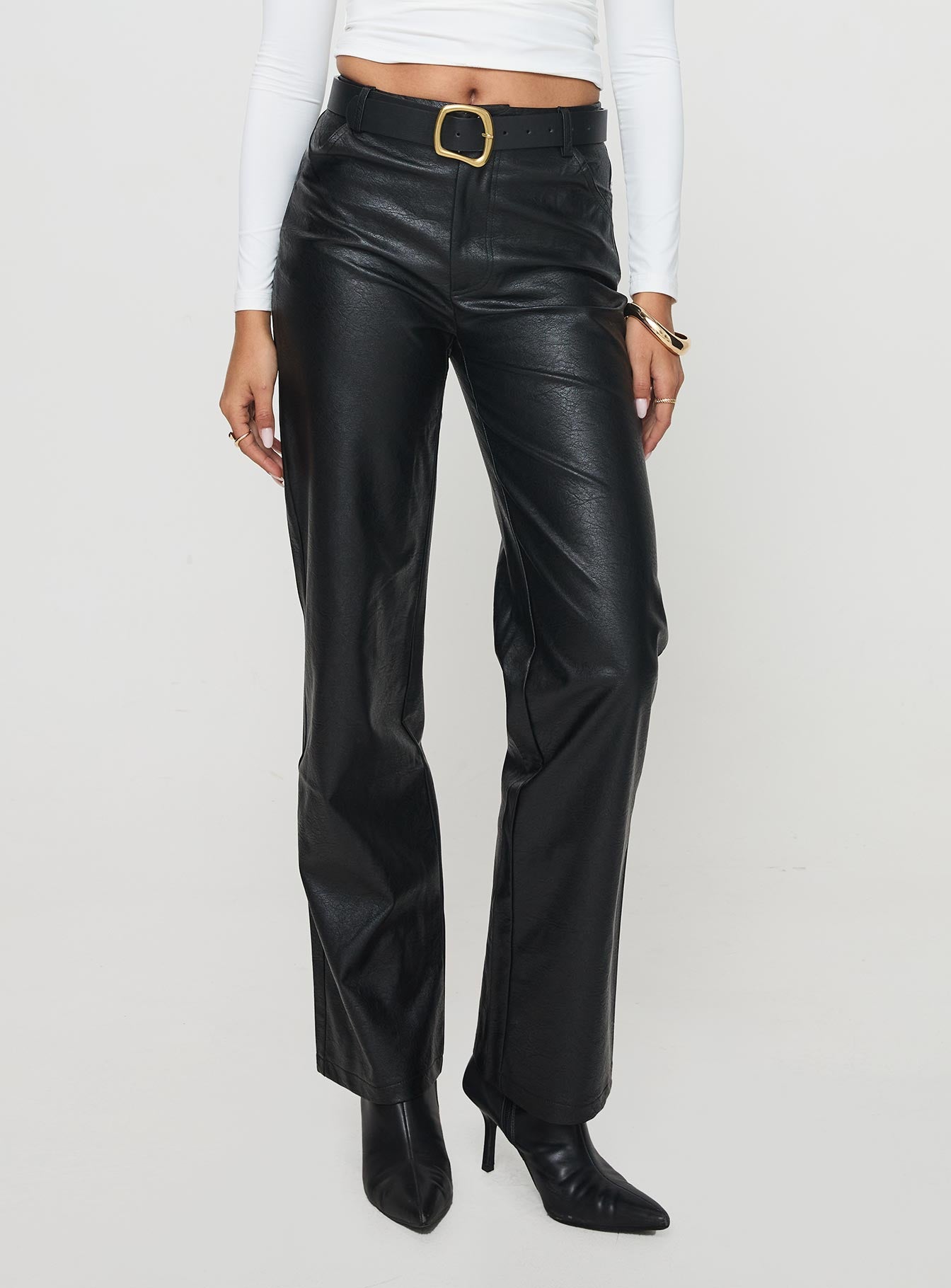Benner Low Waist Wide Leg Faux Leather Pants Black、mySite、solidvoid