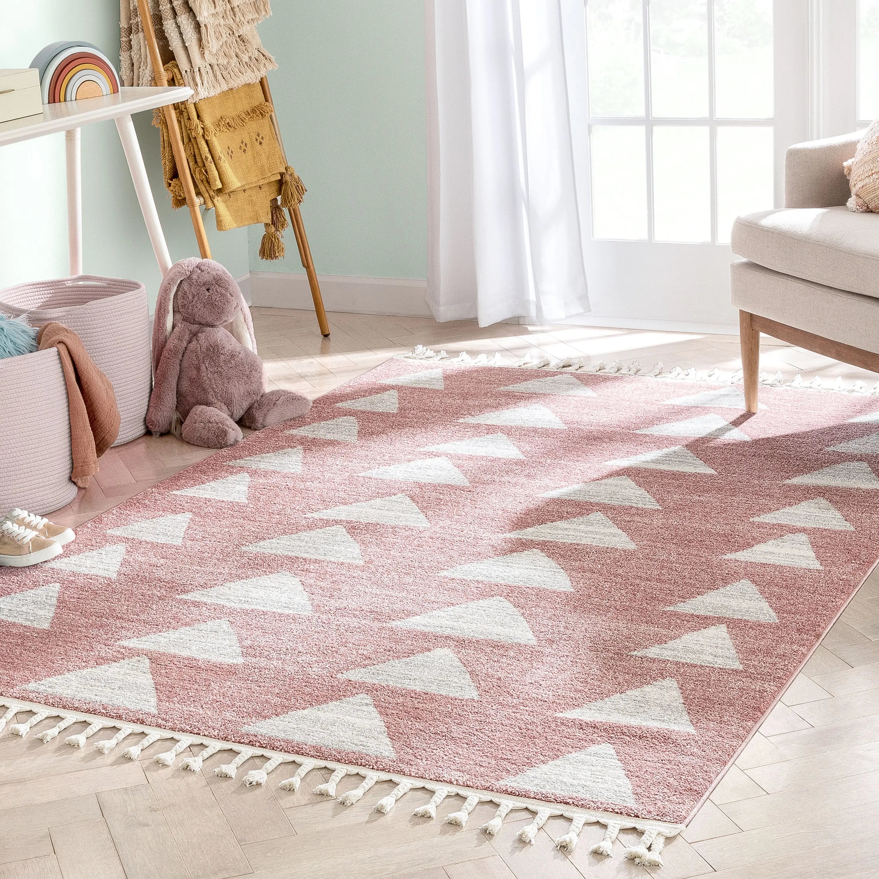 Triangles Modern Geometric Pattern Pink Kids Rug、mySite、gigharbornorthrealestate