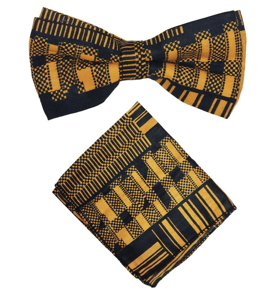 Dupsie's Black and Gold Durufo African print Kente Bow Tie and Pocket Square Set DP4091BT、mySite、solidvoid
