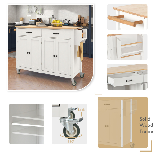 Kitchen Island Cart with Solid Wood Top and Locking Wheels,54.3 Inch Width,4 Door Cabinet and Two Drawers,Spice Rack, Towel Rack (White)、、casual