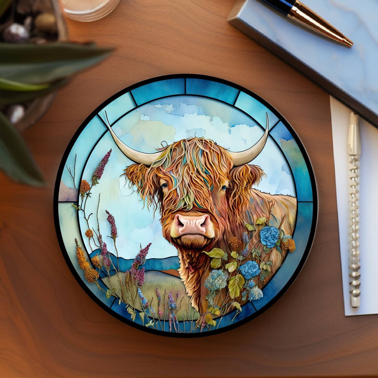 Colorful Highland Cow Ceramic Coaster with Stained Glass Motif Handmade in the USA、mySite、g9winljtr