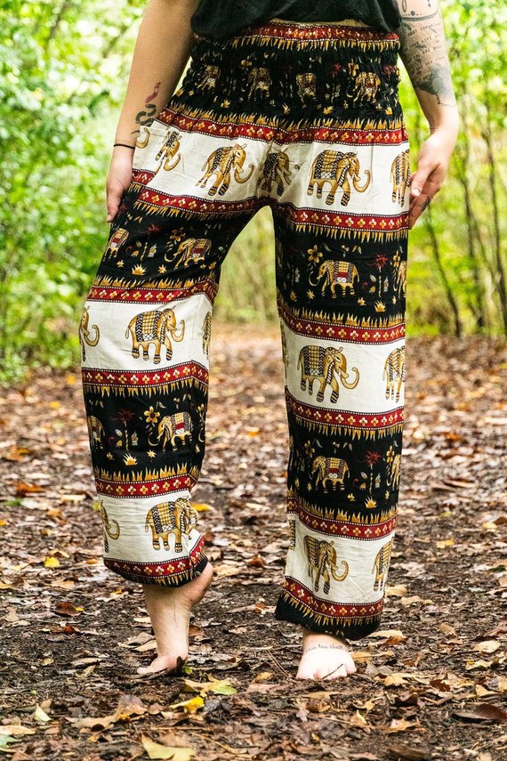  Black Elephant Print Boho Harem Pants – Women's One Size、mySite、justintrudeaud