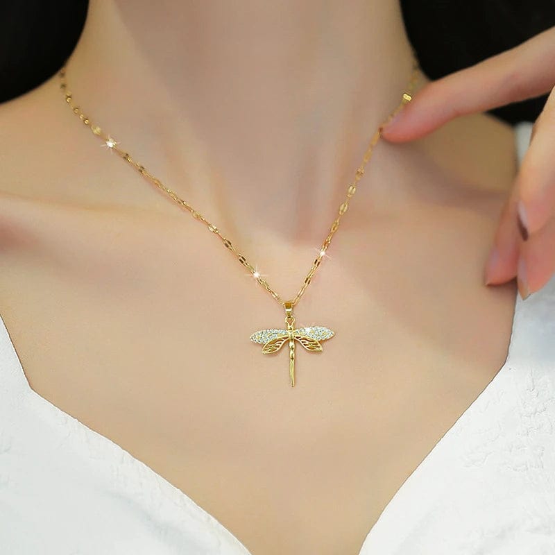 Waterproof Necklaces Dragonfly, Sunflower, Double Strands, Stainless Steel Gold PVD、mySite、g9winljtr