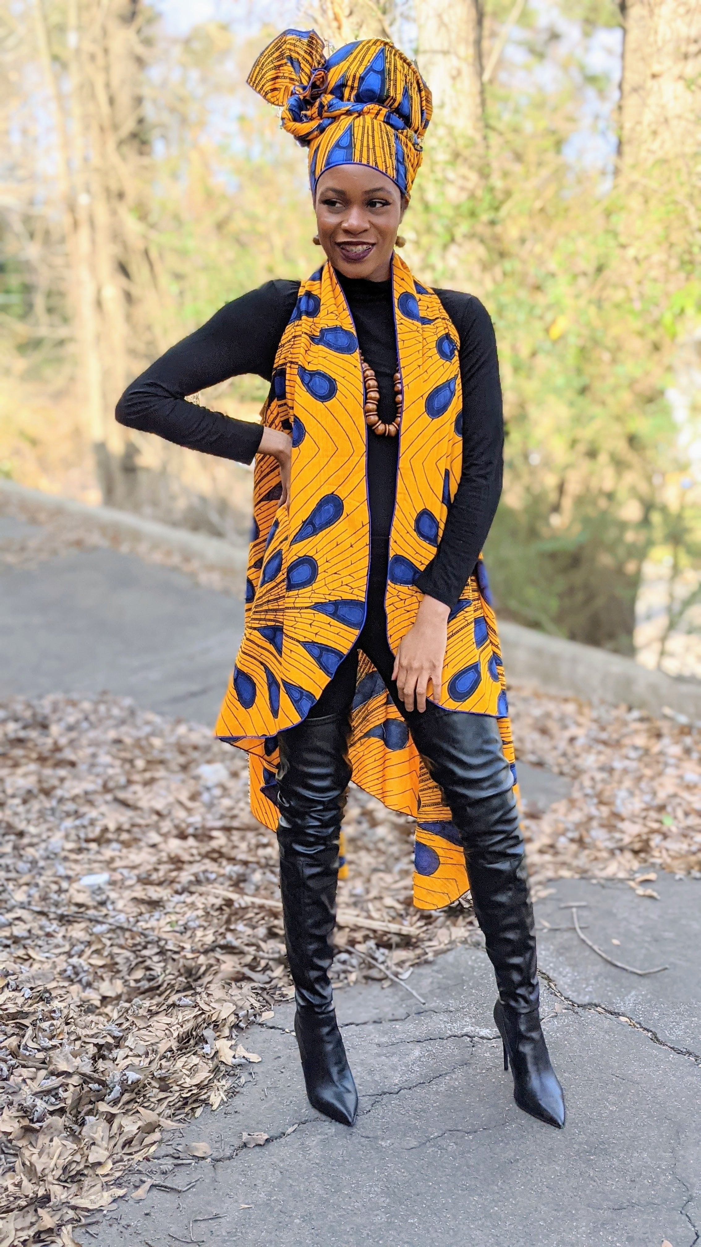 Dupsie's Ekaette Orange and Blue African Print Vest Shawl for Women DPP3816SH、mySite、solidvoid