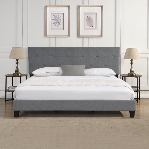King Size Upholstered Platform Bed Frame with Button Tufted Linen Fabric Headboard, No Box Spring Needed, Wood Slat Support, Easy Assembly, Gray、、casual