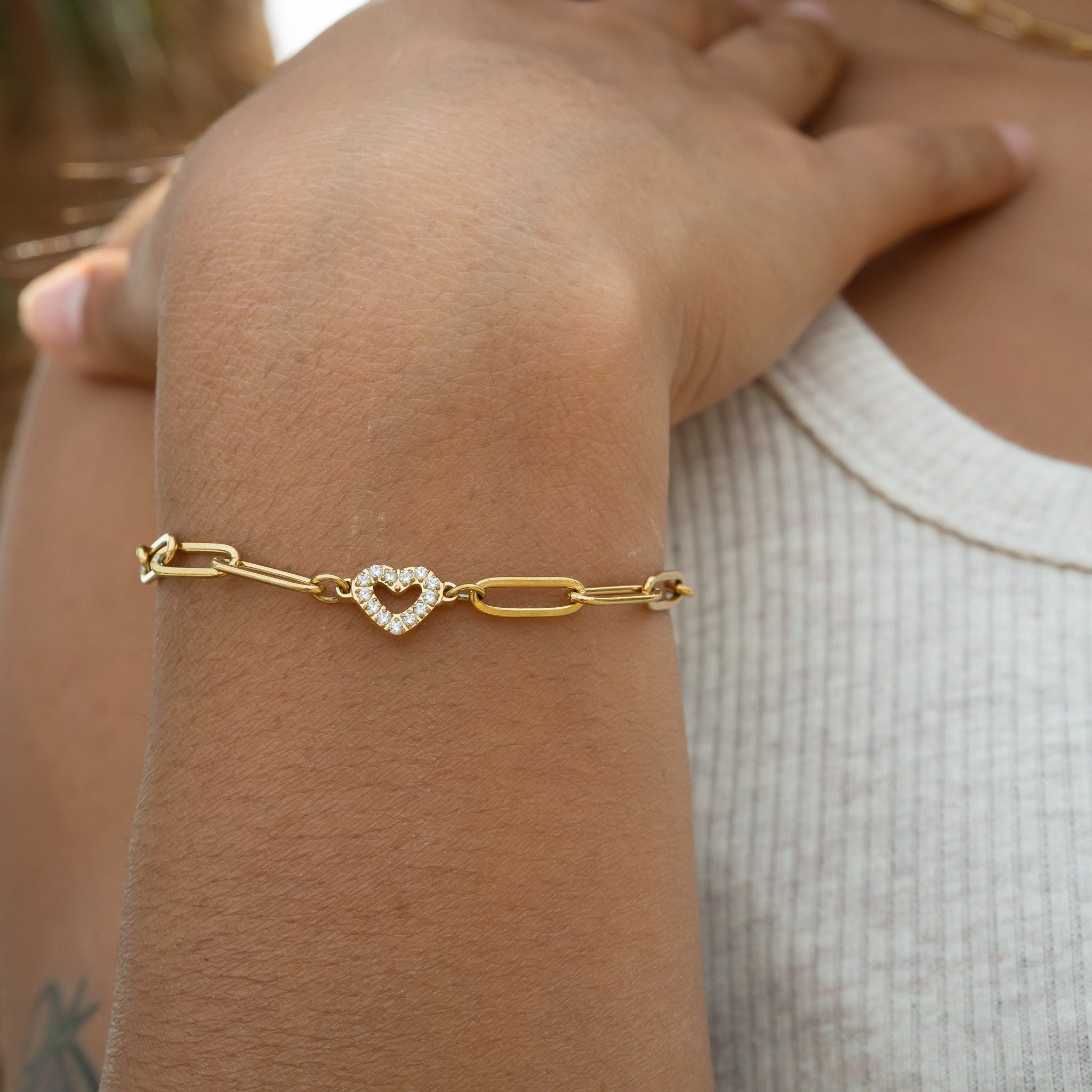 18K Gold PVD Stainless Steel Stone Heart Paperclip Chain Bracelet / BRJ1006、mySite、dreamappss