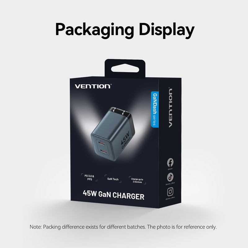 Vention 2-Port USB (C + C) GaN Charger (45W/45W) US-Plug Gray、mySite、fannypackpong
