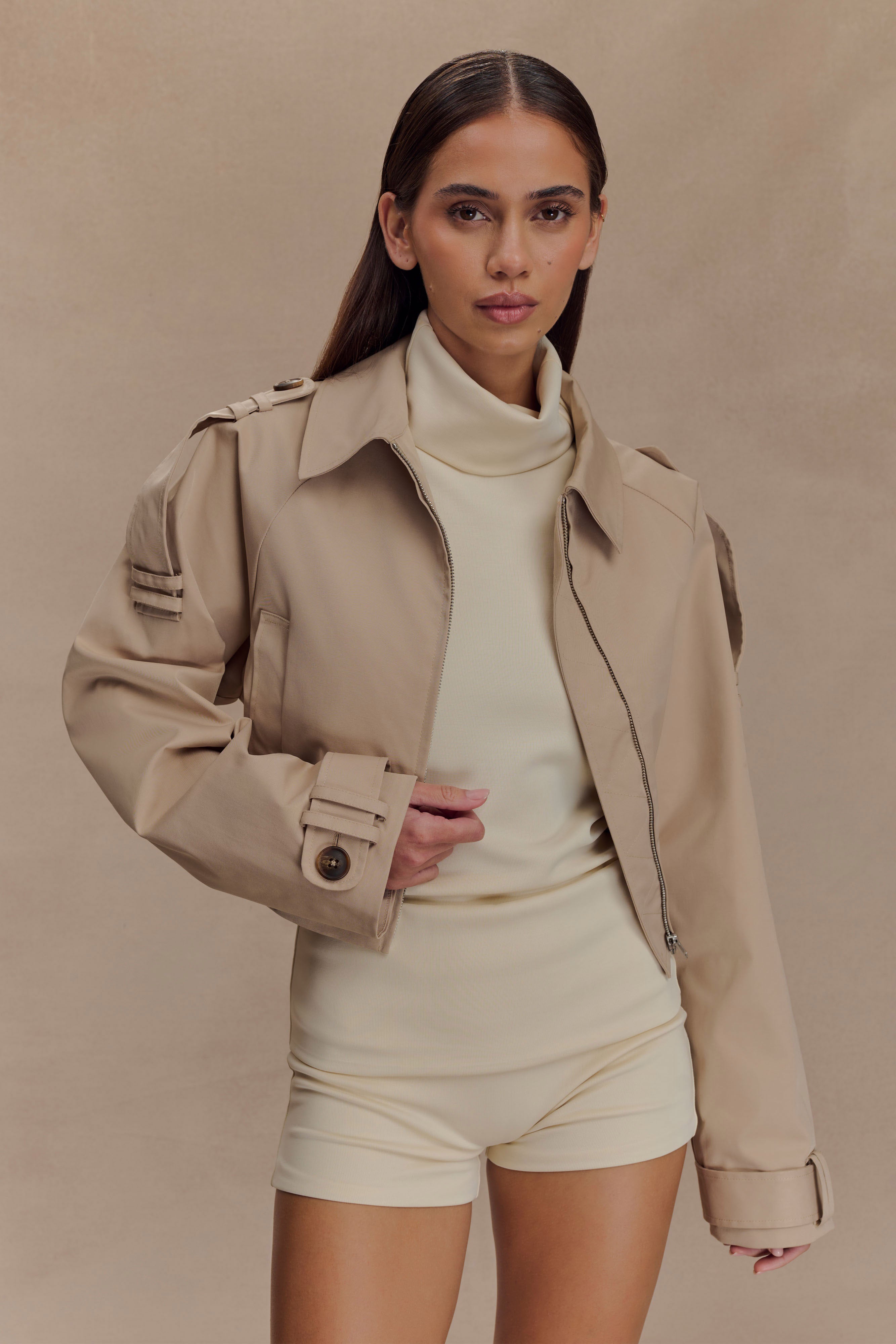 Frank Cropped Collared Jacket - Camel、mySite、solidvoid