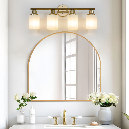 31" Modern 5-Light Vanity Wall Sconce, Golden Finish with Frosted Glass Shades for Bathroom or Hallway Lighting (No Bulbs)、、eastwooduniform