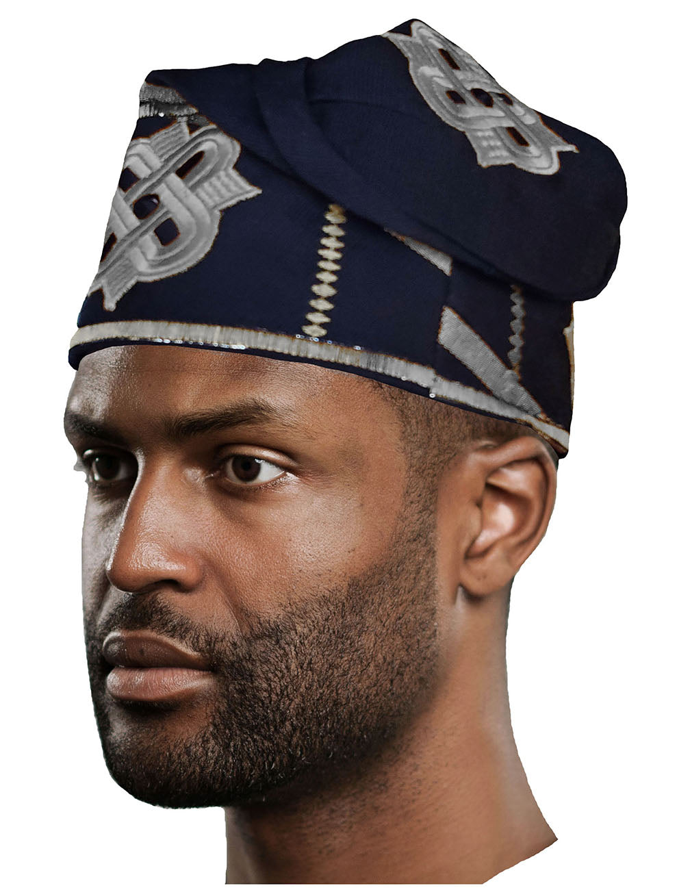 Navy-blue and Silver Embroidered African Hand woven Aso Oke Yoruba Hat、mySite、solidvoid