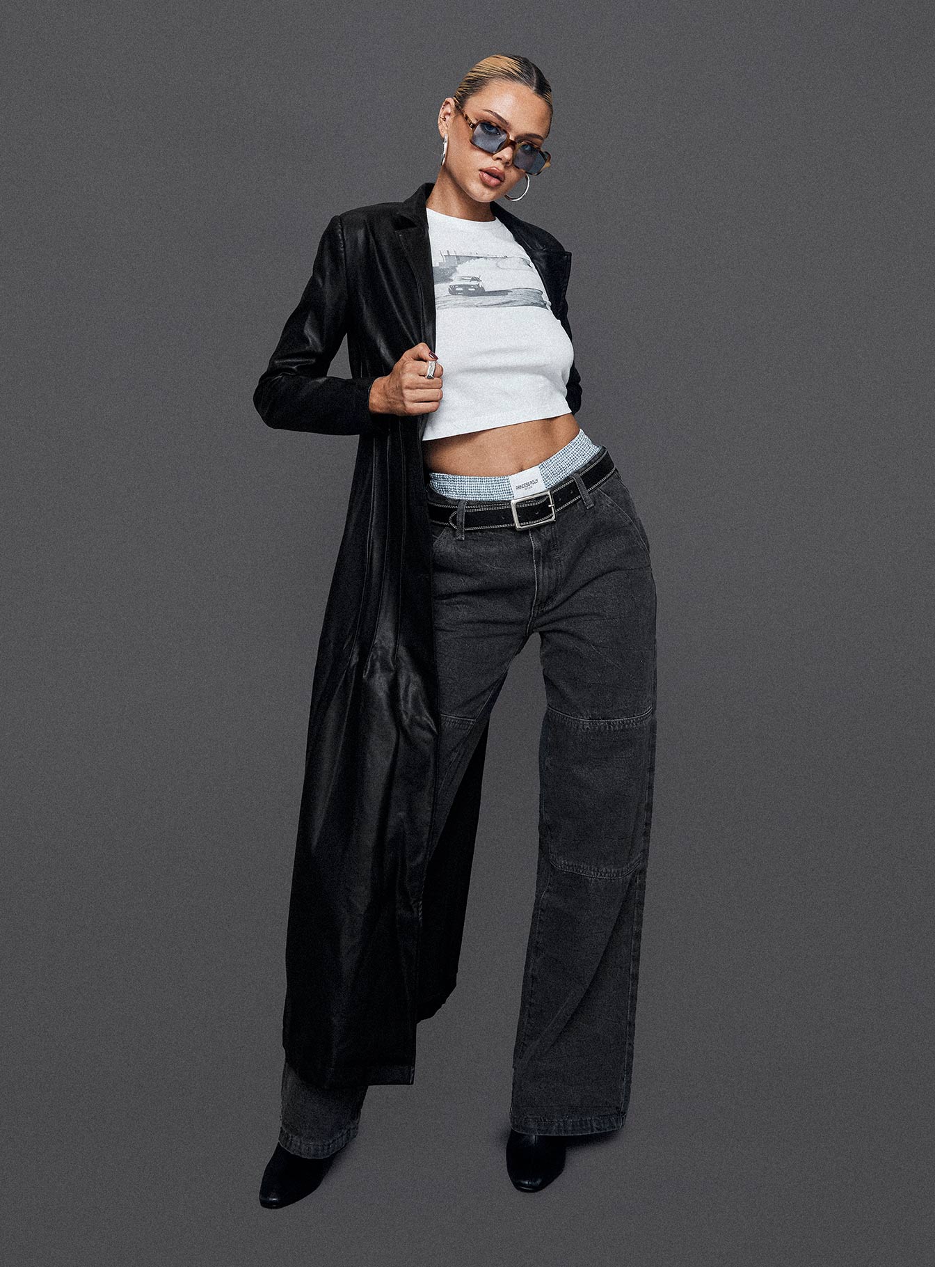 Speak Easy Long Line Faux Leather Coat Black、mySite、solidvoid