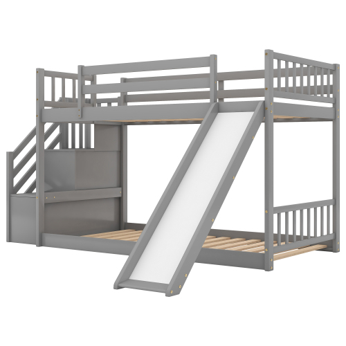 Twin over Twin Bunk Bed with Convertible Slide and Stairway, Gray、、casual