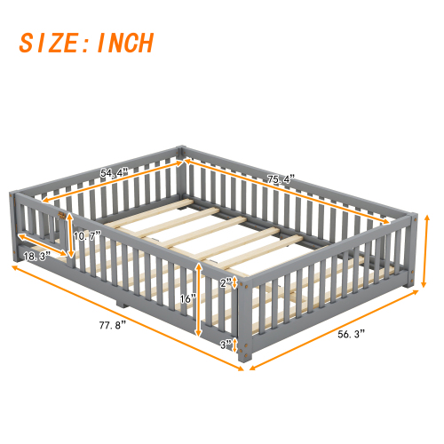 Twin Size Bed Floor Bed with Safety Guardrails and Door for Kids, Natural(Old SKU: W158090686)、、casual