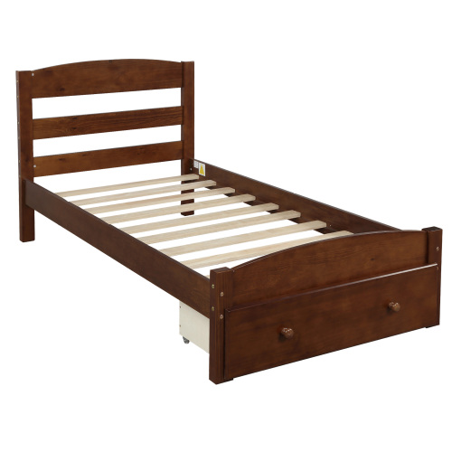 Platform Twin Bed Frame with Storage Drawer and Wood Slat Support No Box Spring Needed, White、、casual
