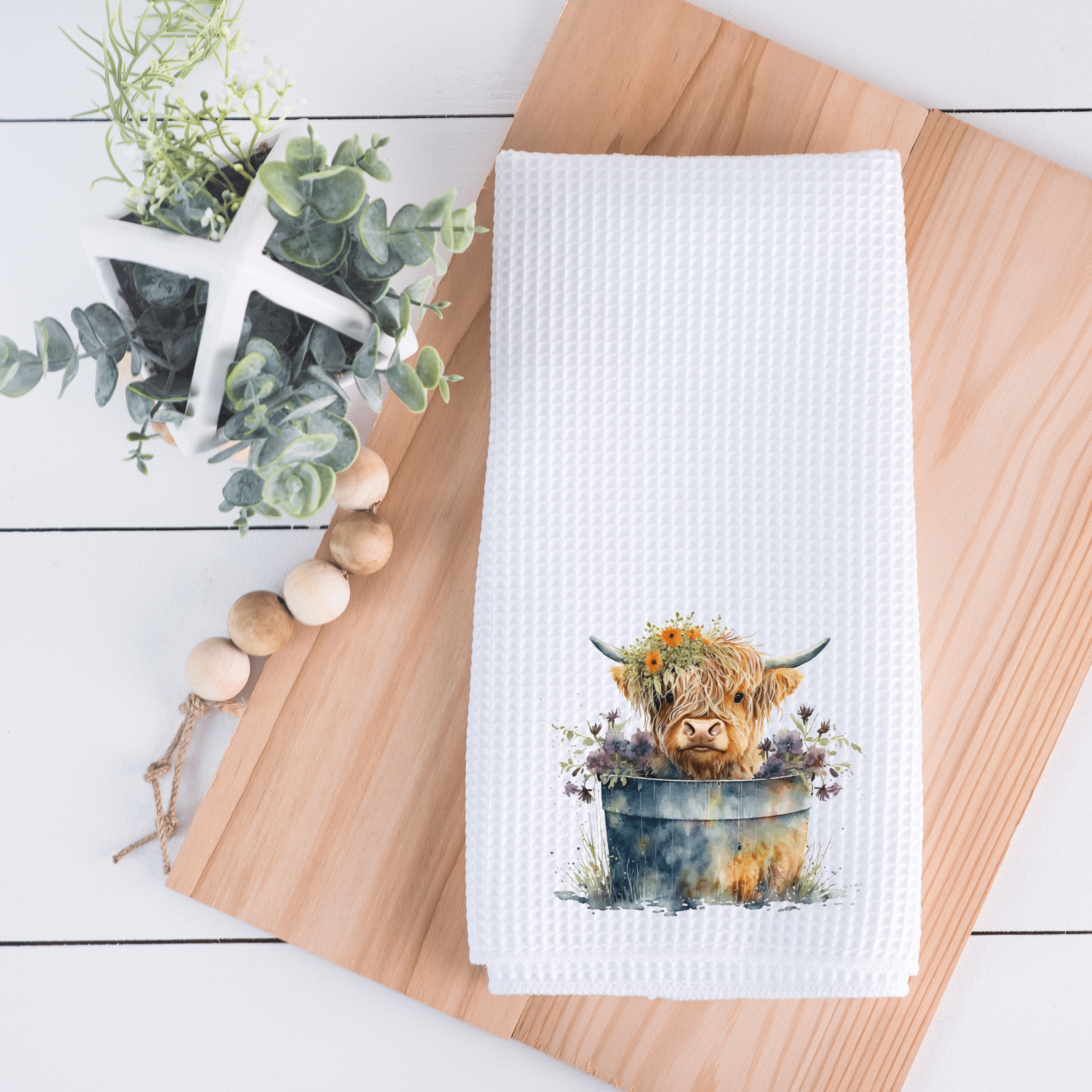 Highland Cow Hand Towel, Farmhouse Kitchen, Rustic Décor、mySite、g9winljtr