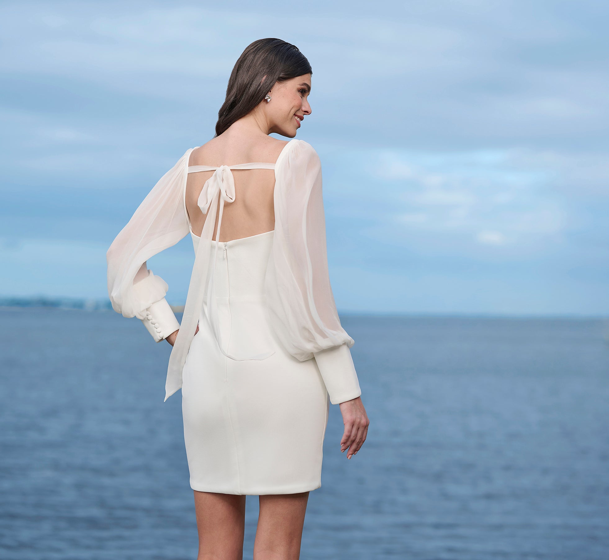 Crepe Short Skirt With Silk Chiffon Sleeves And Tie-Bow Back Straps In Ivory、mySite、solidvoid