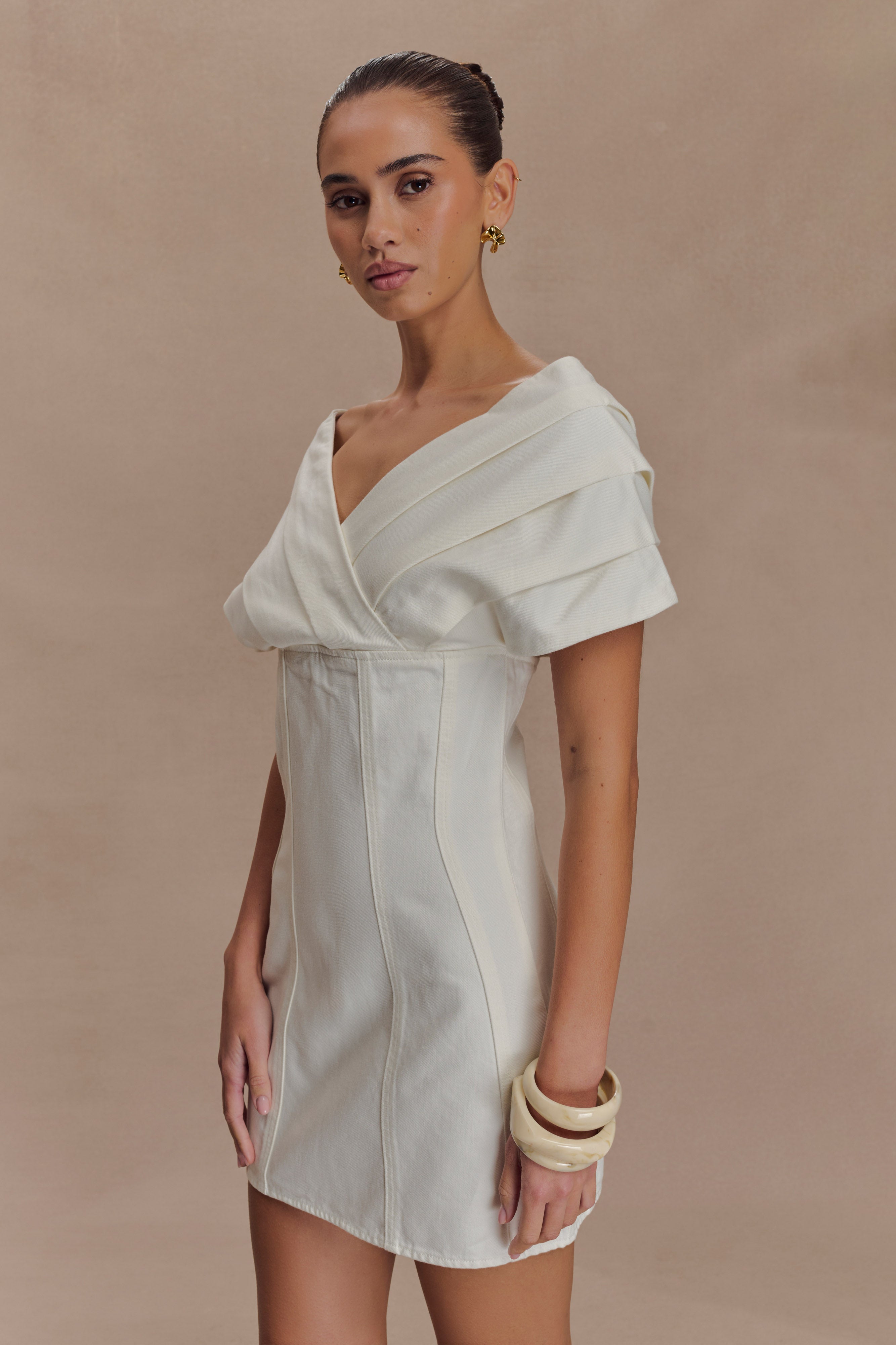 Pascale Off Shoulder Denim Mini Dress - White、mySite、solidvoid