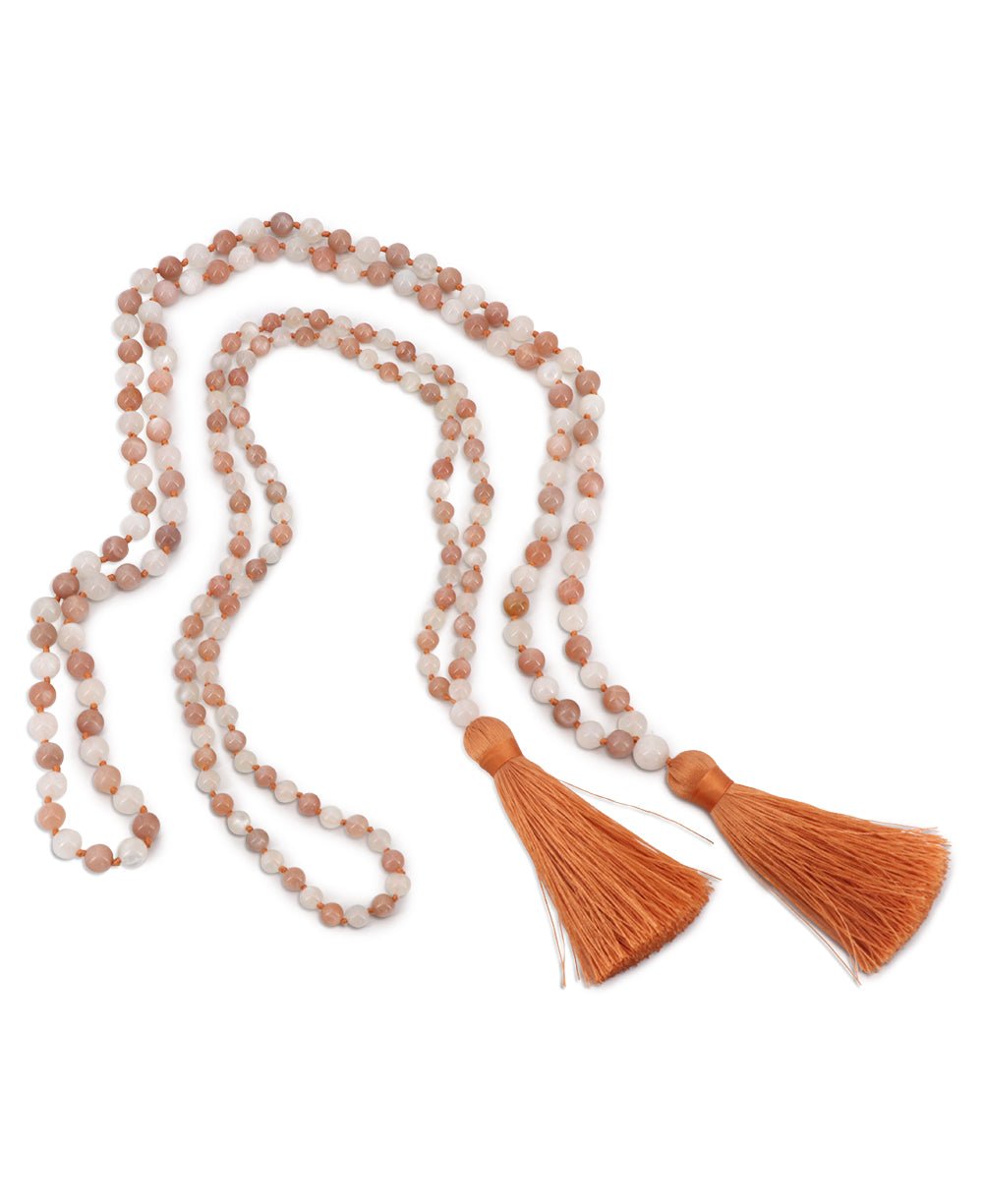 Ethereal White and Peach Moonstone Beads Meditation Knotted Mala、mySite、topwebapps