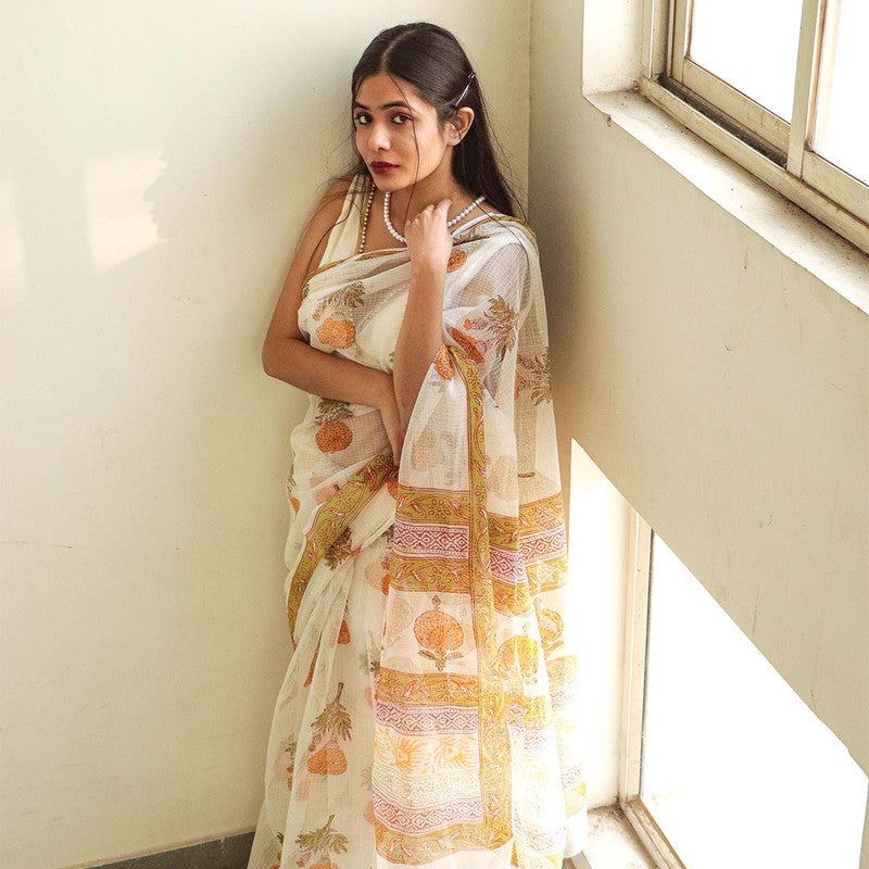 Kota Doria Saree | Handblock Printed | White、mySite、camillekostekn