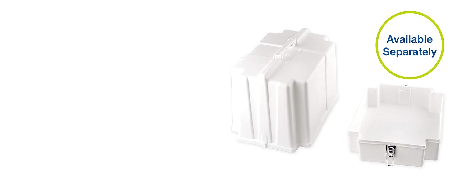 Image of off-white hard case for machine with green circular icon saying available separately