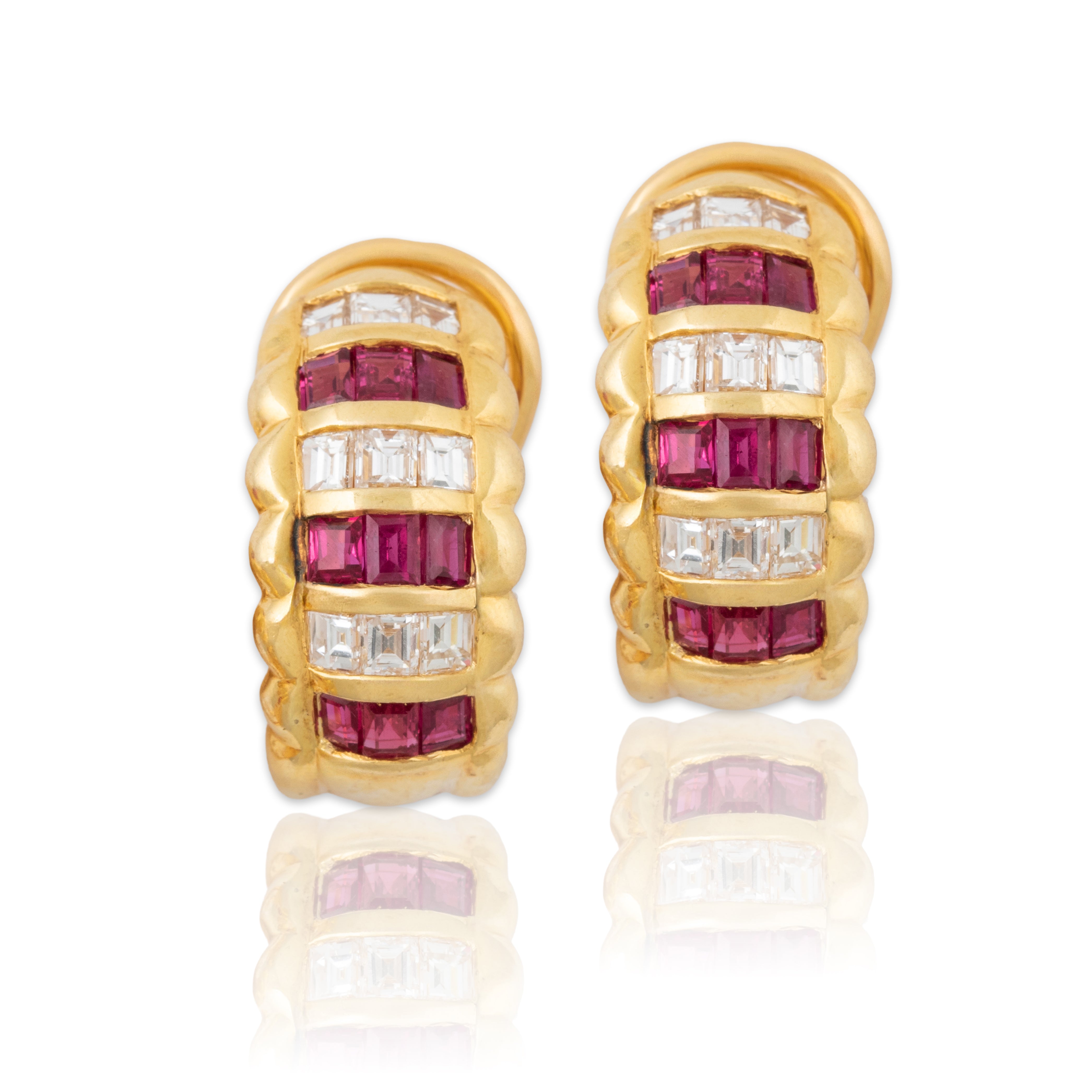 Vintage 18k Yellow Gold 1.08cttw Ruby .9cttw Diamond Omega Back Earrings、mySite、hinf8tx79