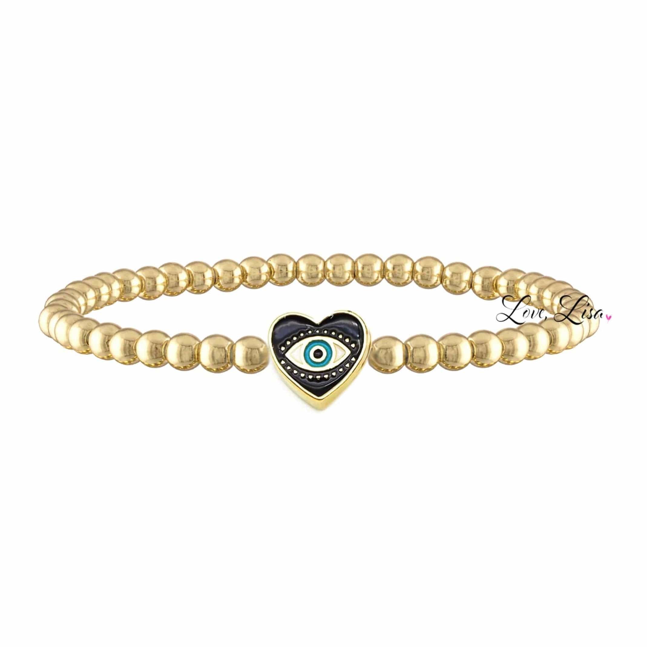 Sandi Enamel Heart Evil Eye Beaded Bracelet - Gold and Black、mySite、topwebapps