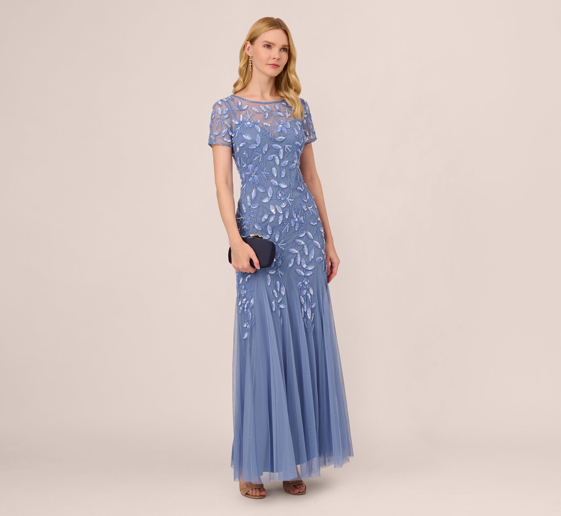 Hand Beaded Short Sleeve Floral Godet Gown In French Blue、mySite、solidvoid