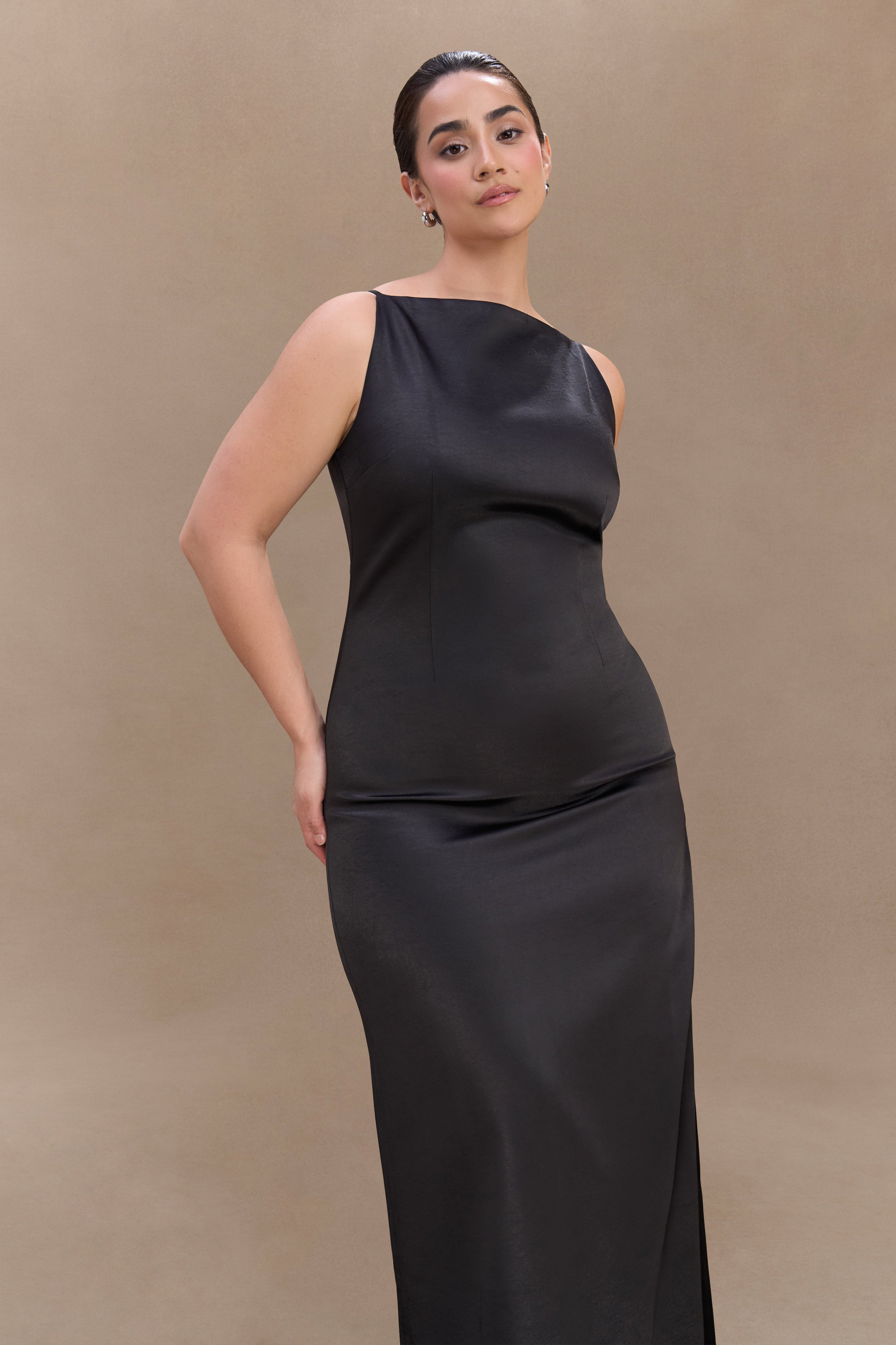 Violet Sleeveless Satin Maxi Dress - Black、mySite、solidvoid