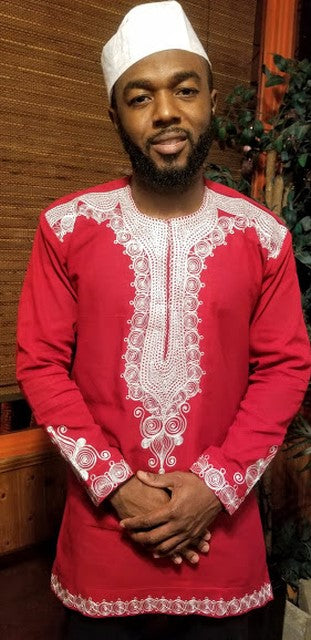 Contemporary Red African Dashiki Shirt with Off-White Embroidery、mySite、solidvoid