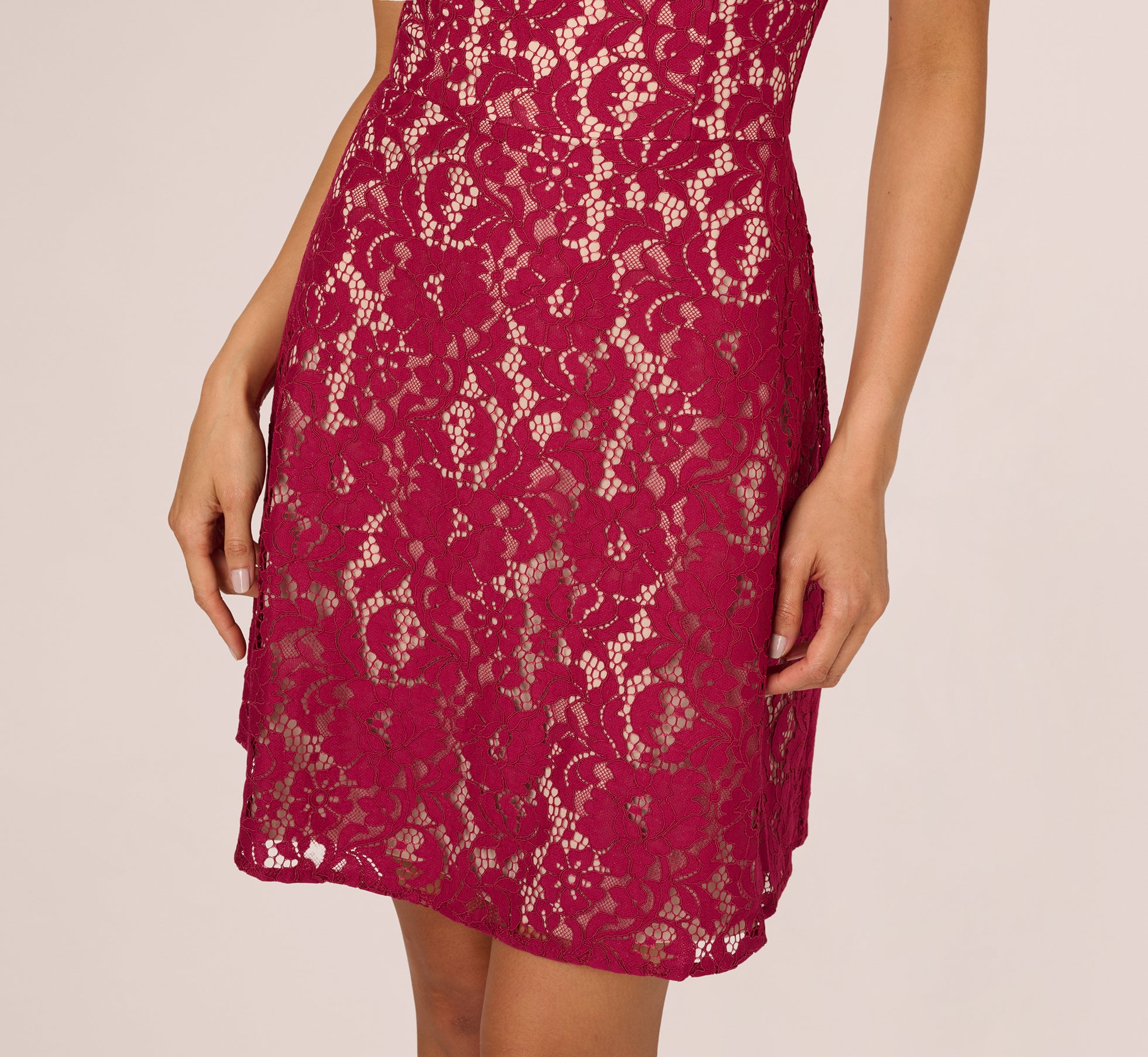 Short Sleeve Lace Illusion Short Dress In Light Wine、mySite、solidvoid