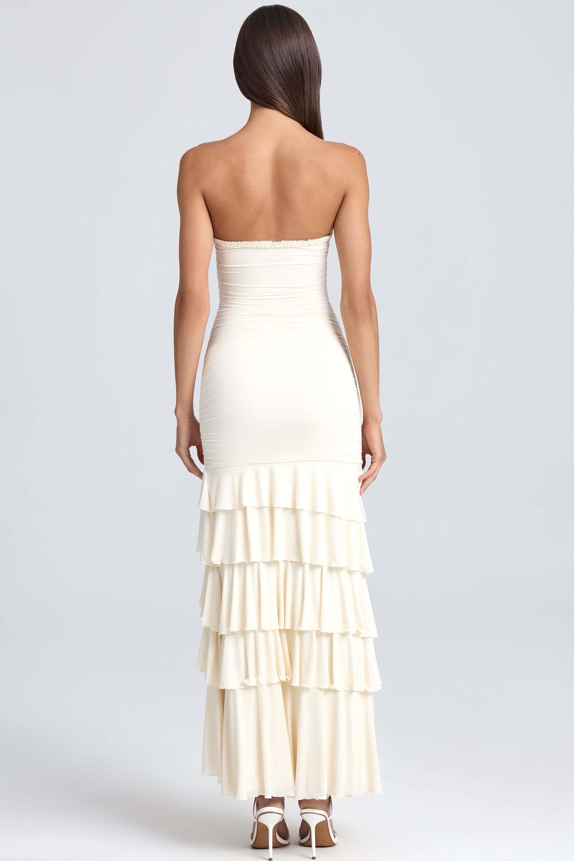 Bandeau Ruched Ruffle-Trim Maxi Dress in Ivory、mySite、solidvoid