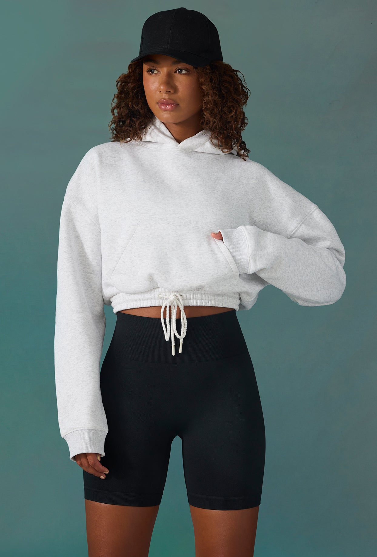 Cropped Drawstring Hooded Sweatshirt in Ice Grey、mySite、solidvoid