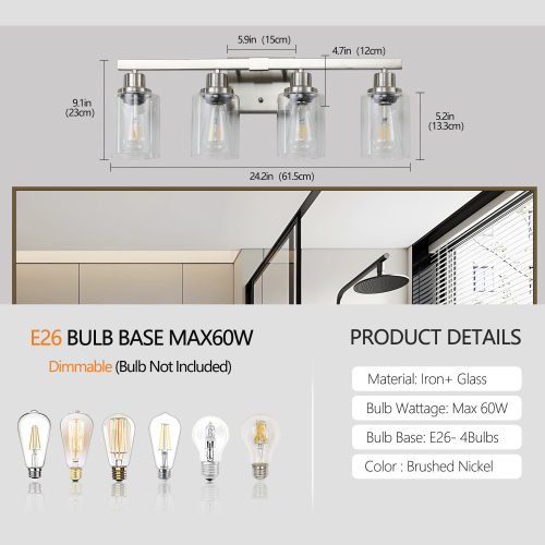 24" Golden 4-Light Vanity Light with Clear Glass Shades, Modern Iron Metal Bathroom Wall Fixture for Mirror, Ideal for Bathroom and Dressing Table (No Bulbs)、、eastwooduniform