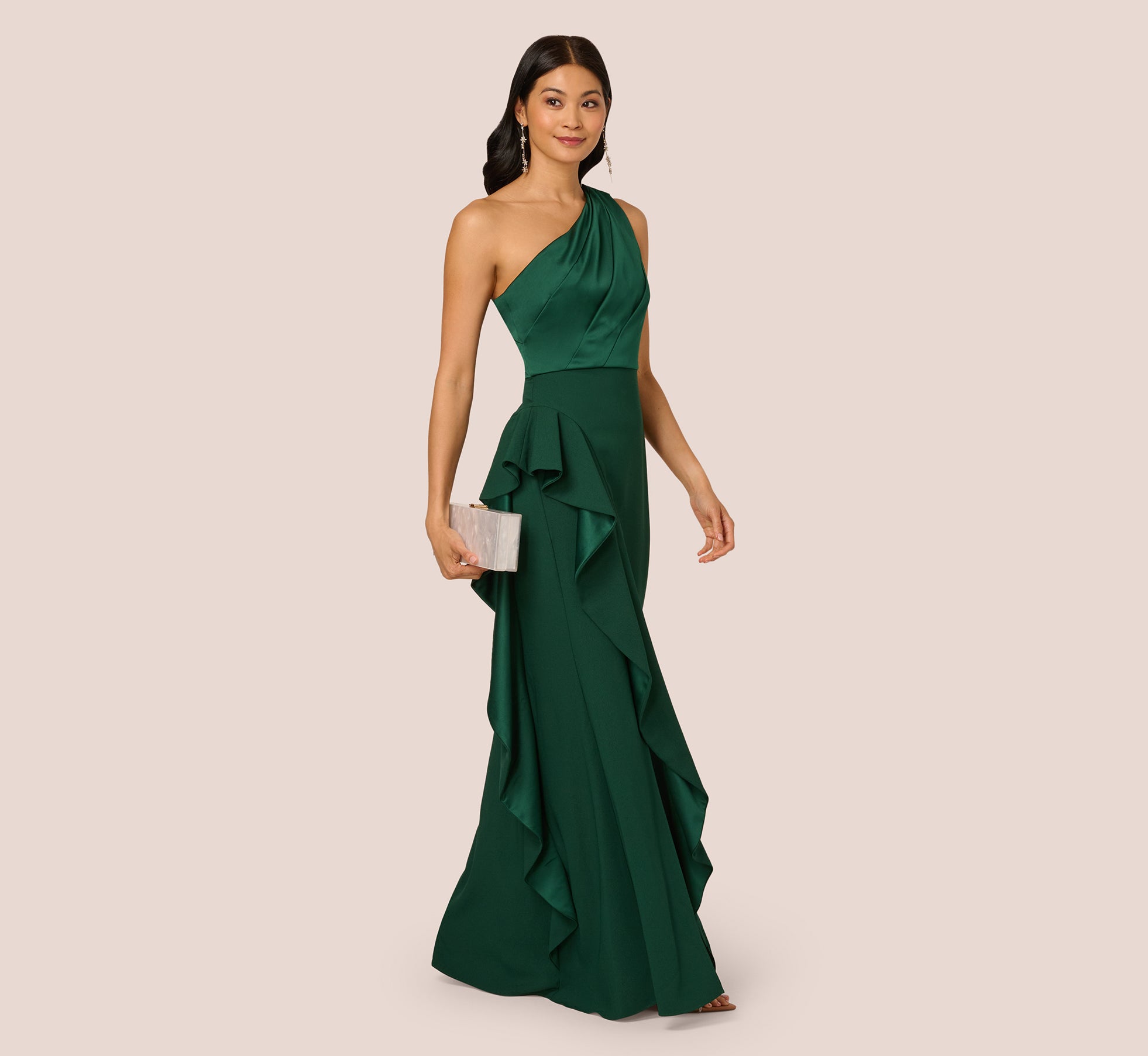 One-Shoulder Long Satin Crepe Mermaid Gown In Deep Forest、mySite、solidvoid