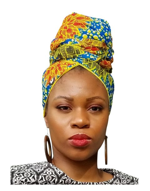 Blue, Gold and Red African Print Head wrap、mySite、solidvoid