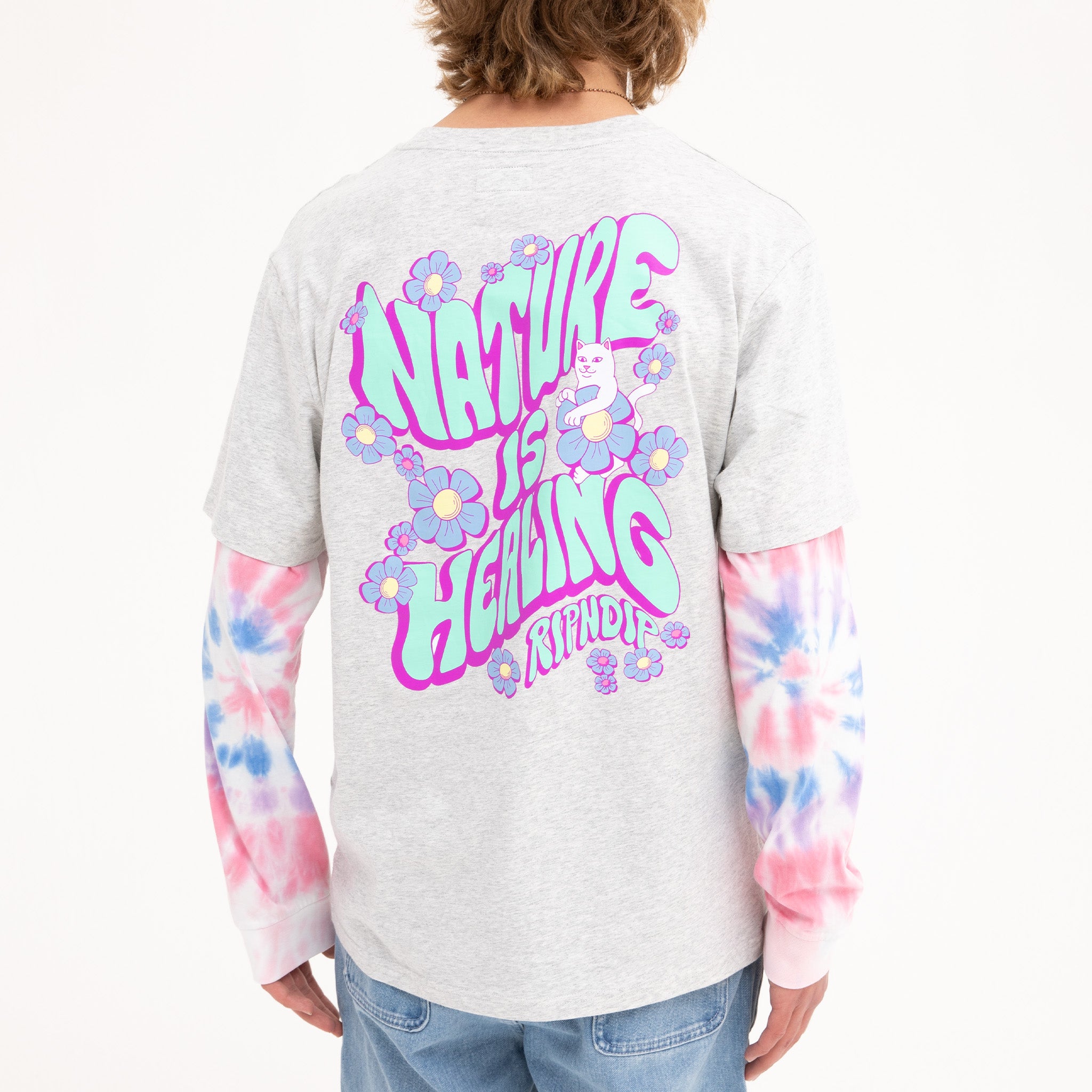  Nature Is Healing Double Sleeve Tee (Ash Heather/Pink)、mySite、merchandisen