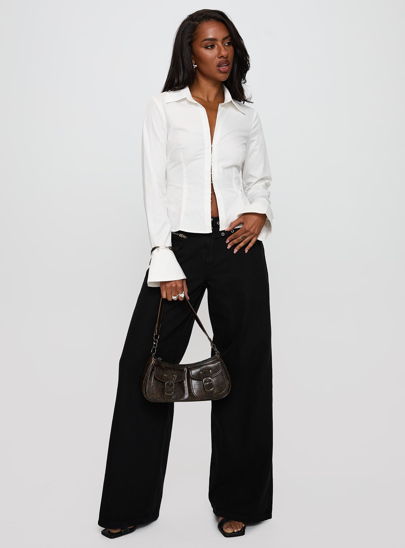 By The Phone Long Sleeve Collared Top White、mySite、solidvoid