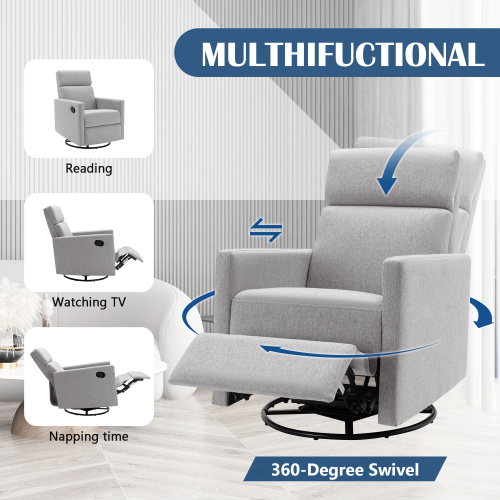 Modern Upholstered Rocker Nursery Chair Plush Seating Glider Swivel Recliner Chair, Gray、、casual