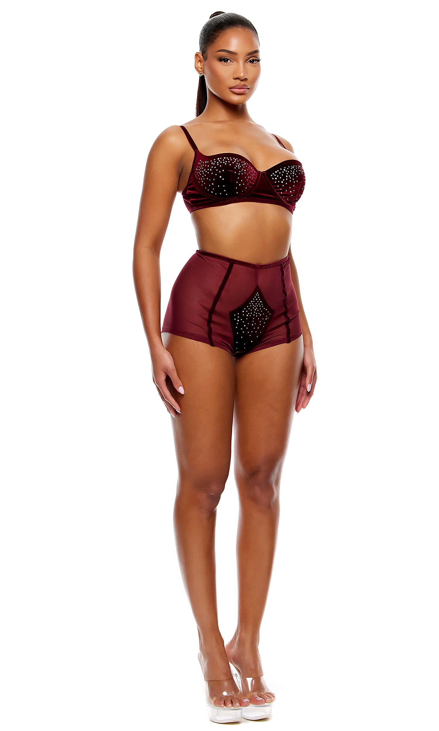 Caught Your Eye Velvet Rhinestone Bra and Briefs Lingerie Set - Wine、mySite、bengalsvssteelers