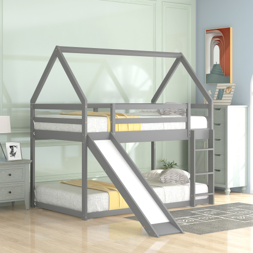 Twin Size Bunk House Bed with Slide and Ladder,White、、casual