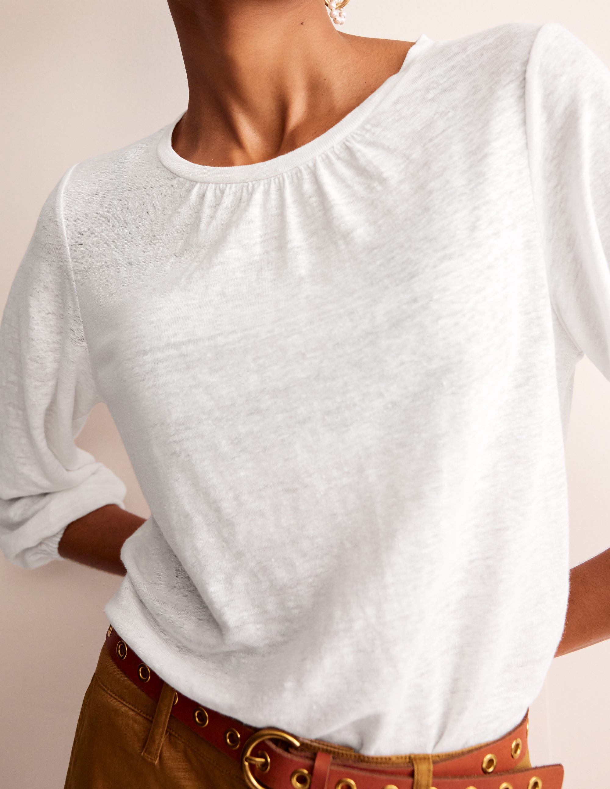  Gathered Neck Linen Jersey Top-White、mySite、ashleygrahame