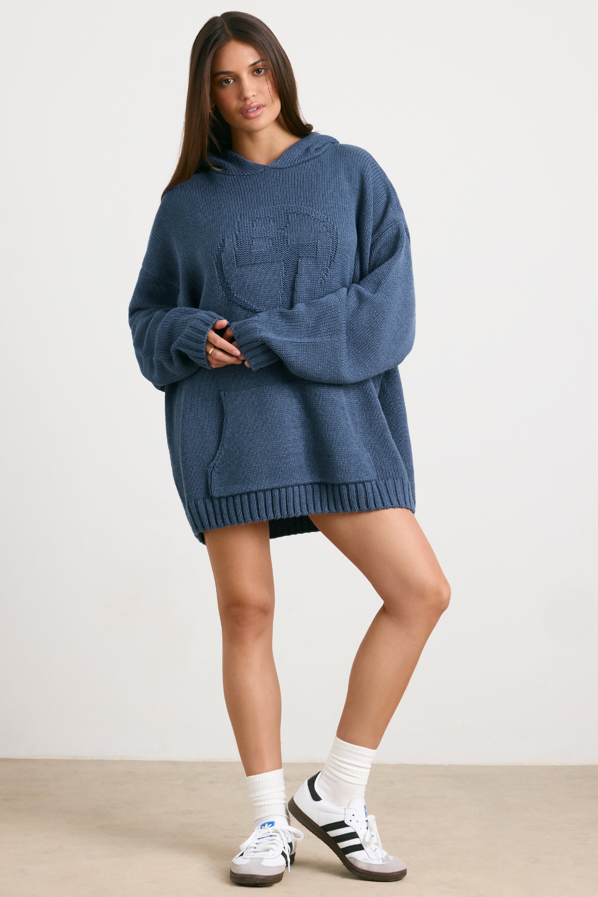 Oversized Chunky Knit Hoodie in Washed Navy、mySite、solidvoid