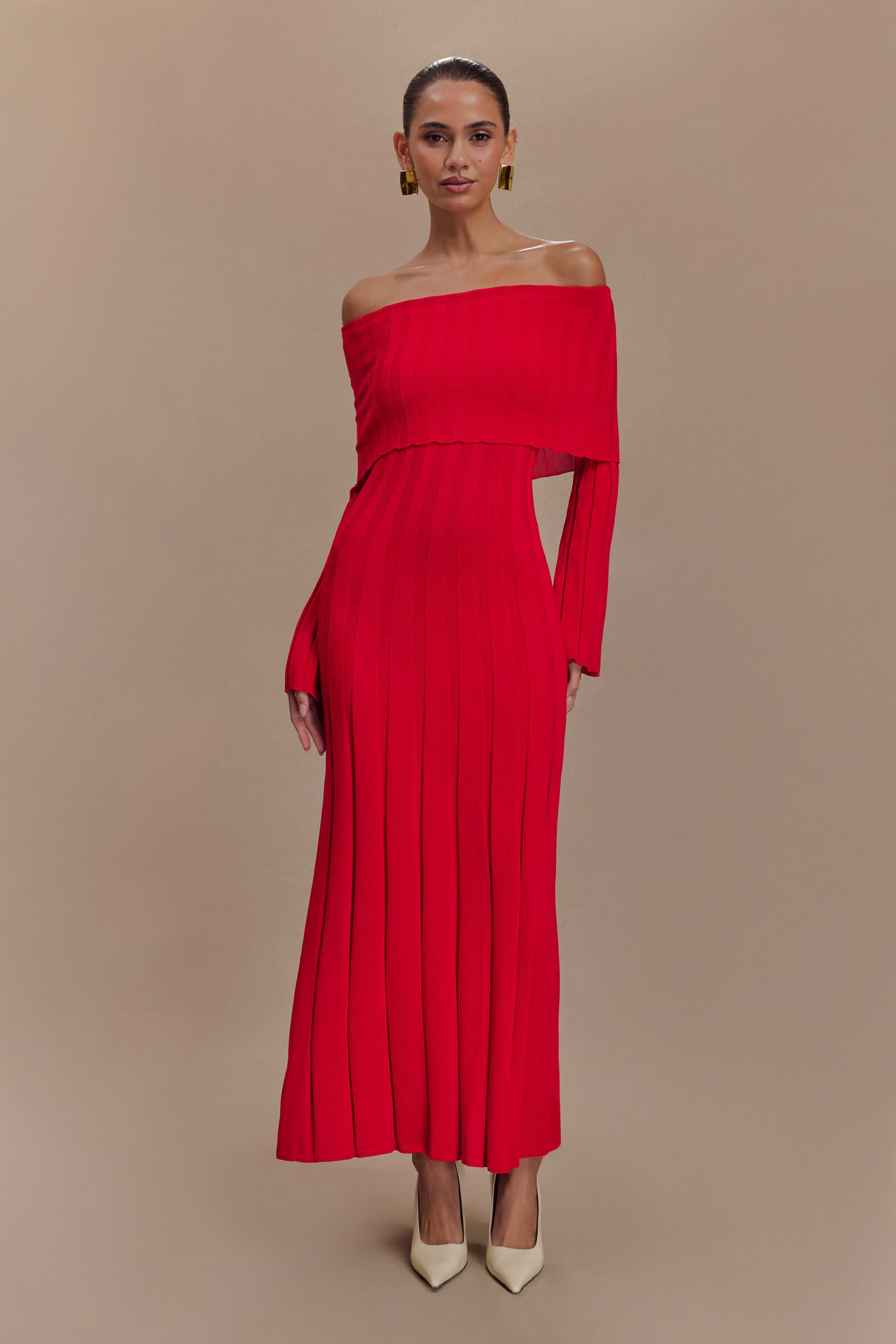 Alonza Long Sleeve Knit Midi Dress - Red、mySite、solidvoid