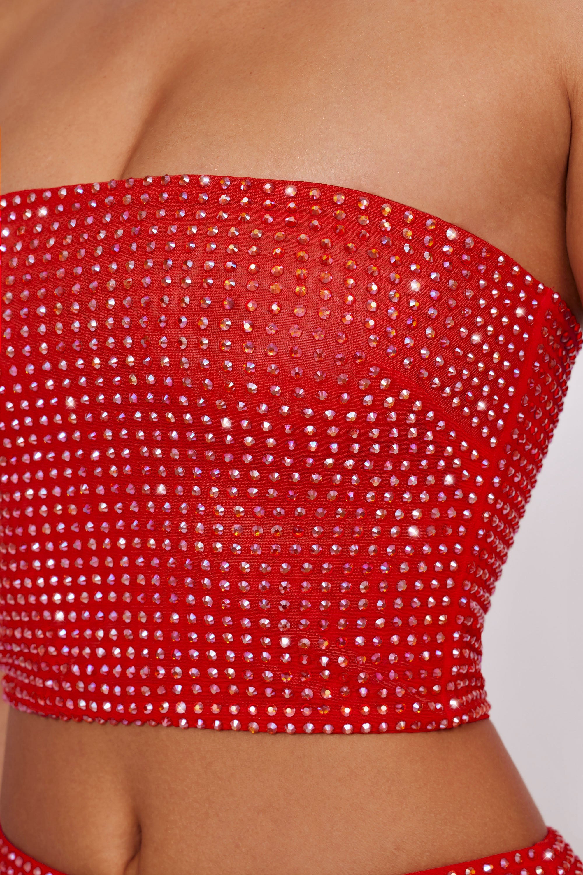Embellished Strapless Crop Top in Fire Red、mySite、solidvoid