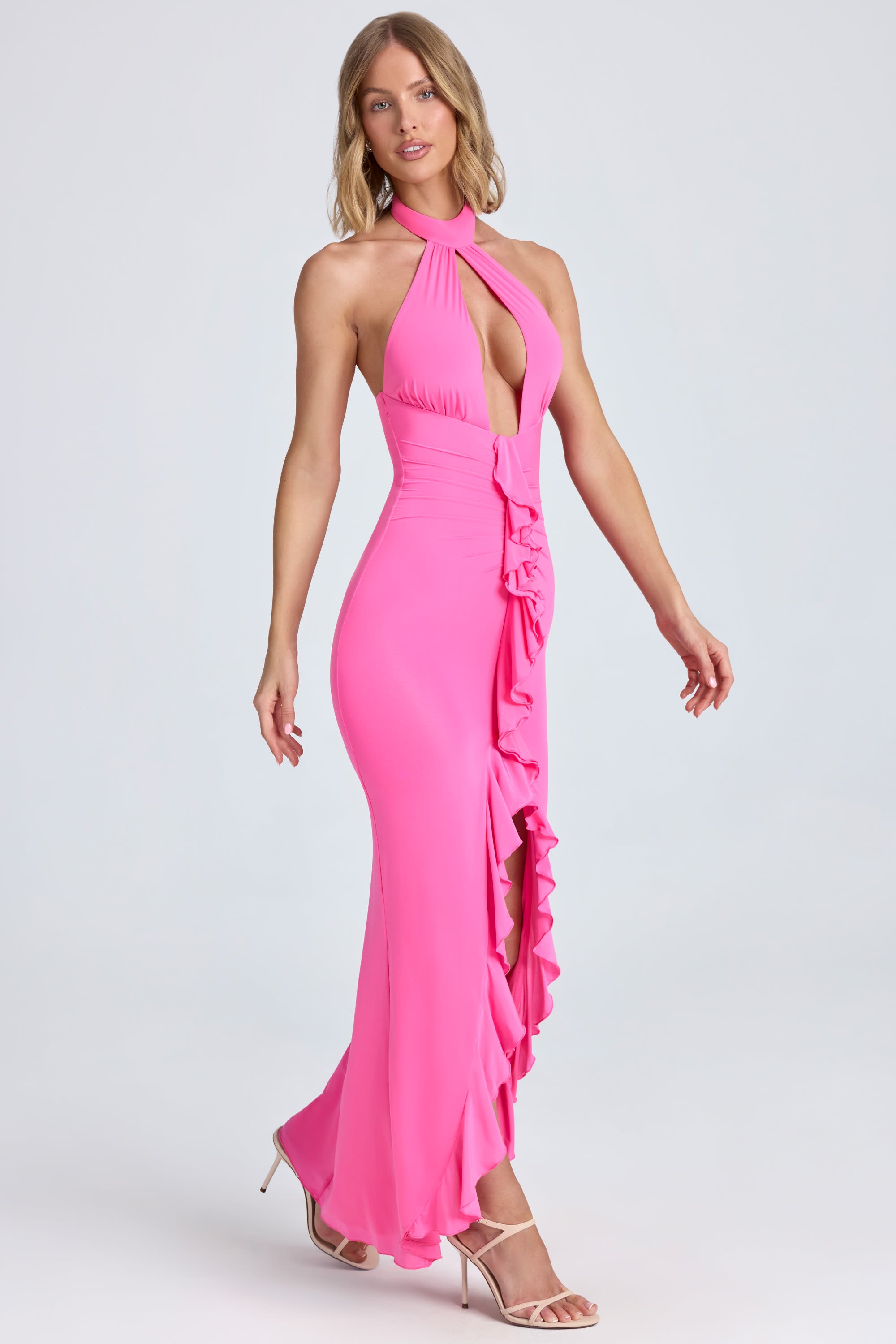 Ruffle-Trim Halterneck Gown in Lollipop Pink、mySite、solidvoid