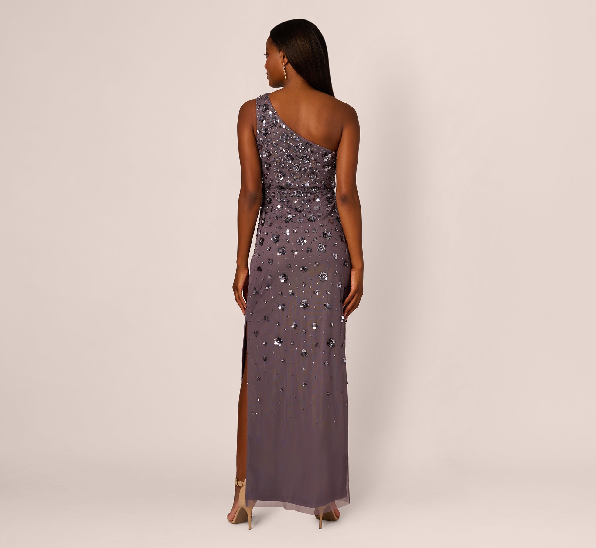 3D Floral Hand-Beaded One-Shoulder Long Column Gown In Moonscape、mySite、solidvoid