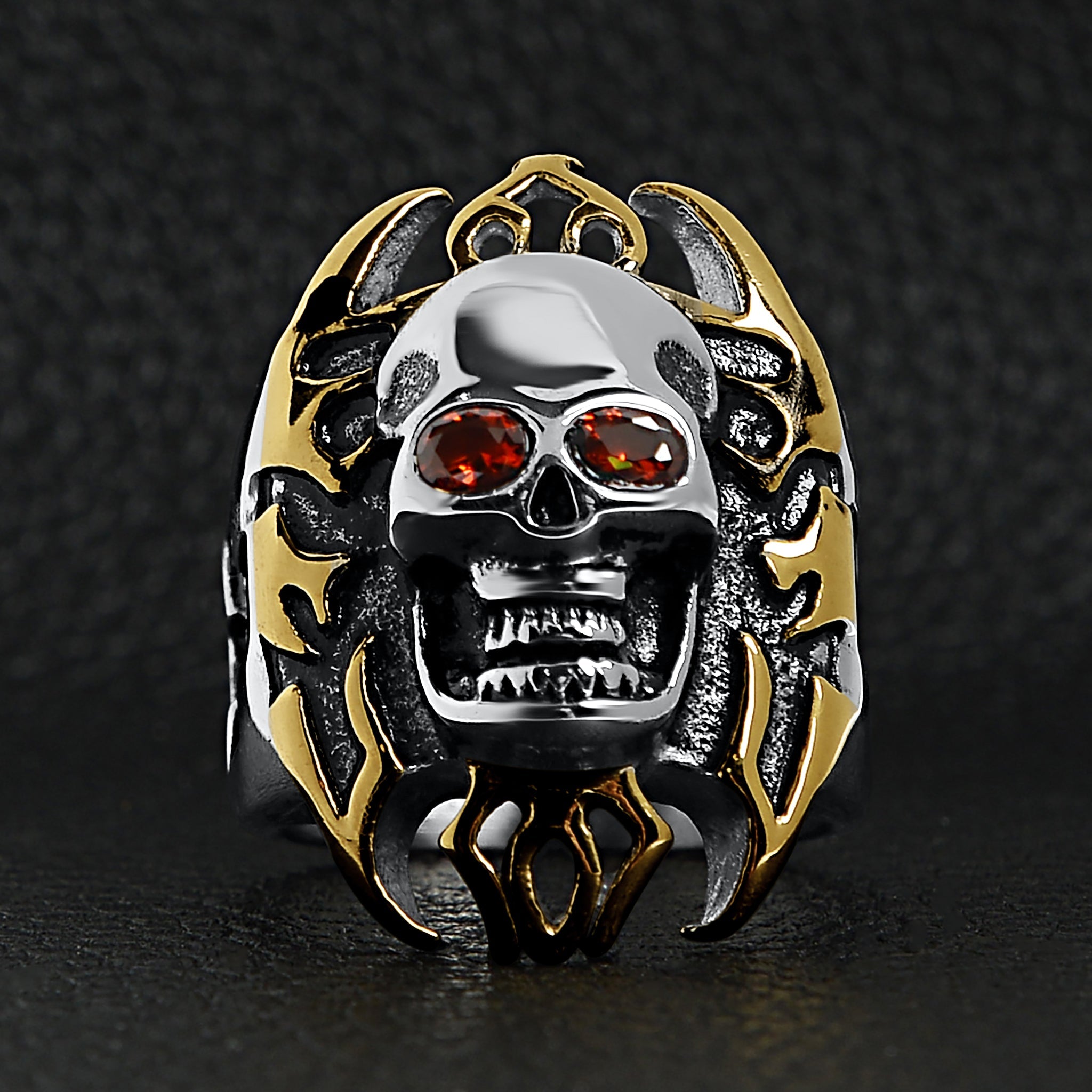 Stainless Steel Red CZ Eyed Flaming Skull With 18K Gold PVD Coated Accents Ring / SCR0250、mySite、dreamappss