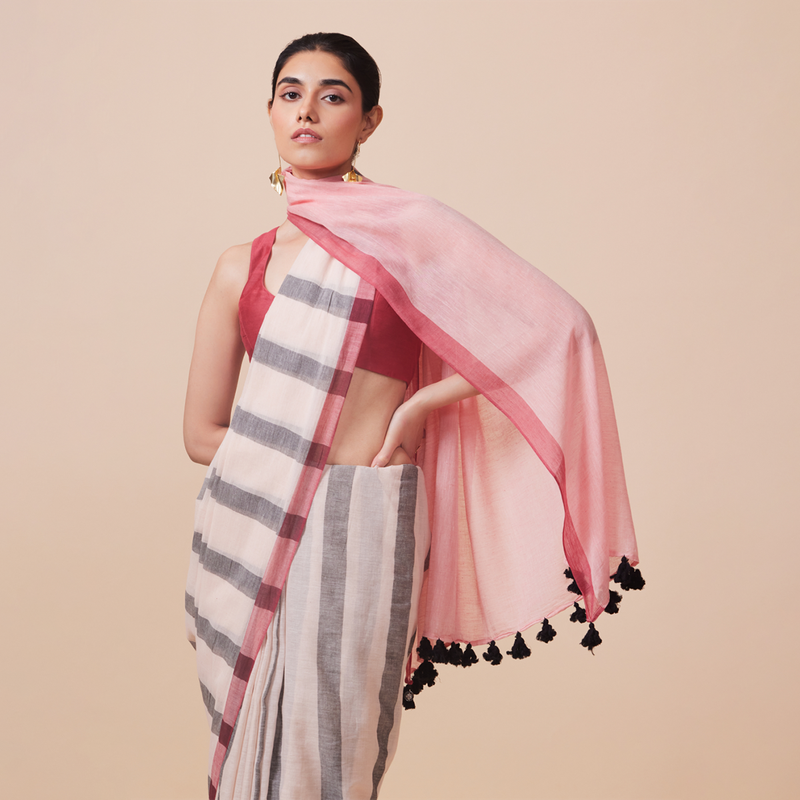 Linen Solid Saree with Blouse | Ivory、mySite、camillekostekn