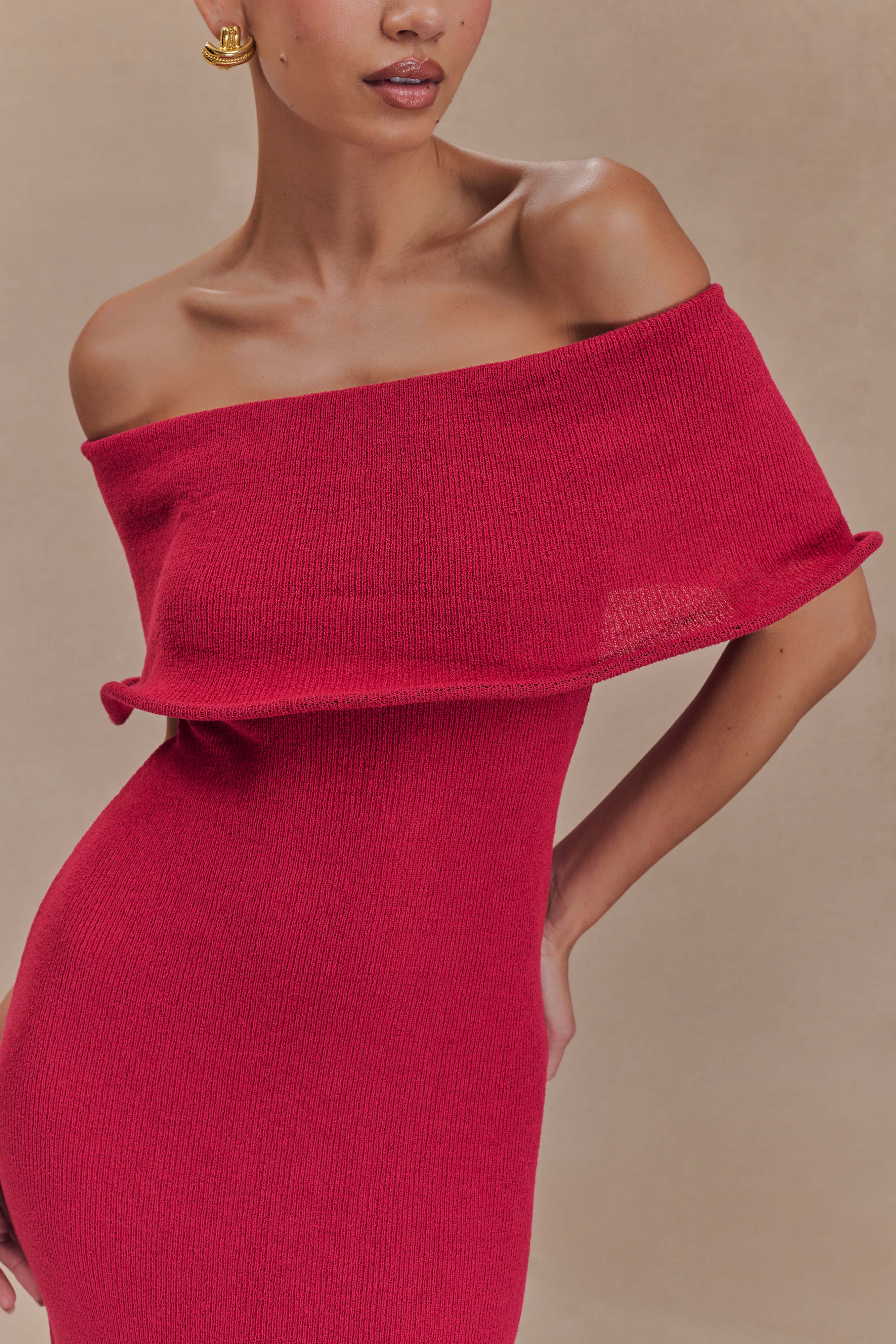 Molly Off Shoulder Knit Midi Dress - Raspberry、mySite、solidvoid